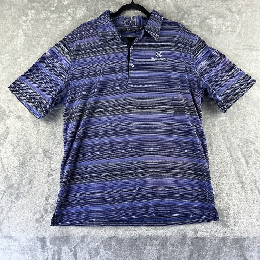 Greg Norman Polo Shirt Men's XL Purple Black Striped Bear Creek 100% Cotton